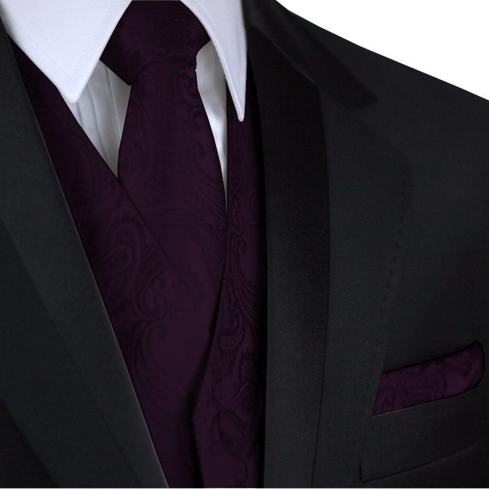 Men's Formal Wedding Prom Homecoming Tuxedo Vest Tie Hankie set - Plum Paisley